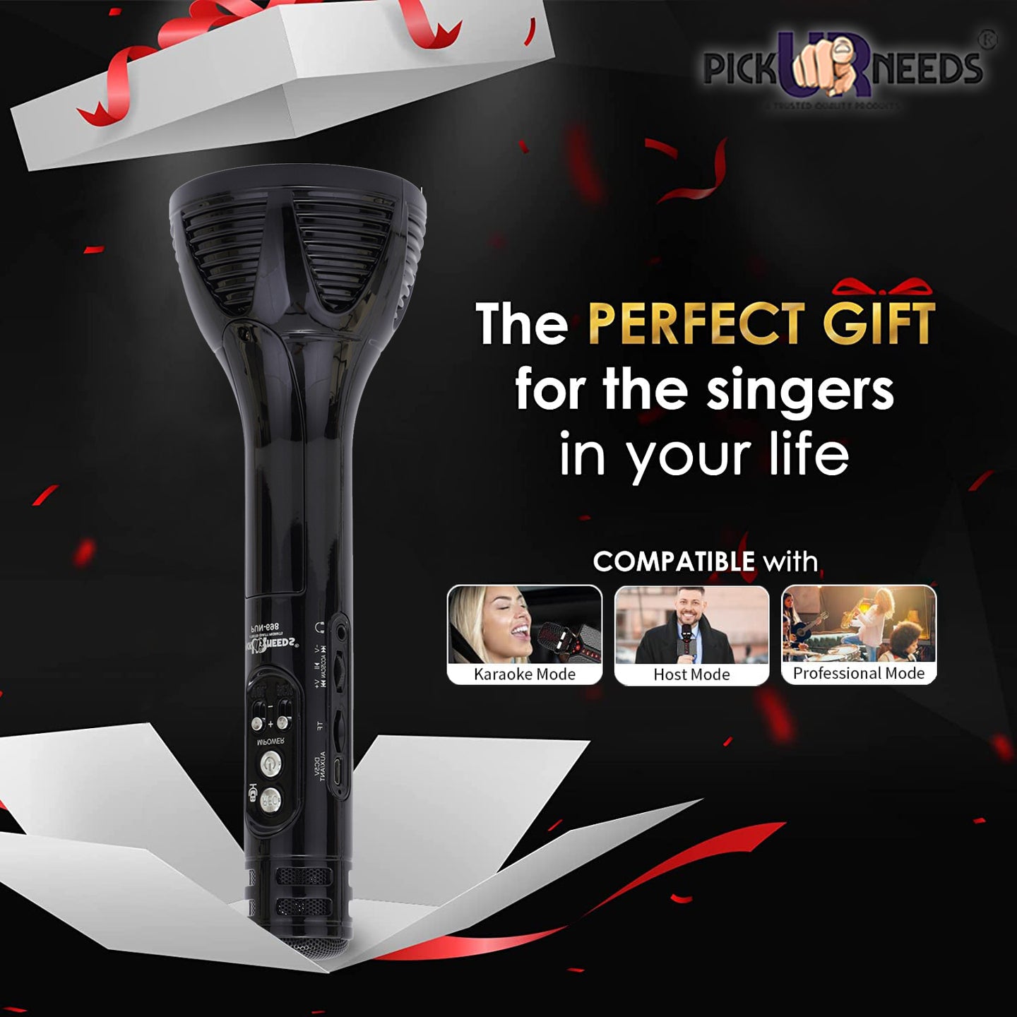 Pick Ur Needs Karaoke Mic with Led Light Wireless Bluetooth Microphone Connection Player Speaker 2-in1 with Recording + USB+FM